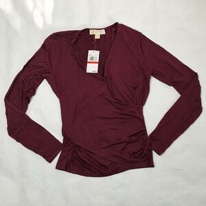 'New Michael kors faux wrap Ruched long sleeve Burgundy size S